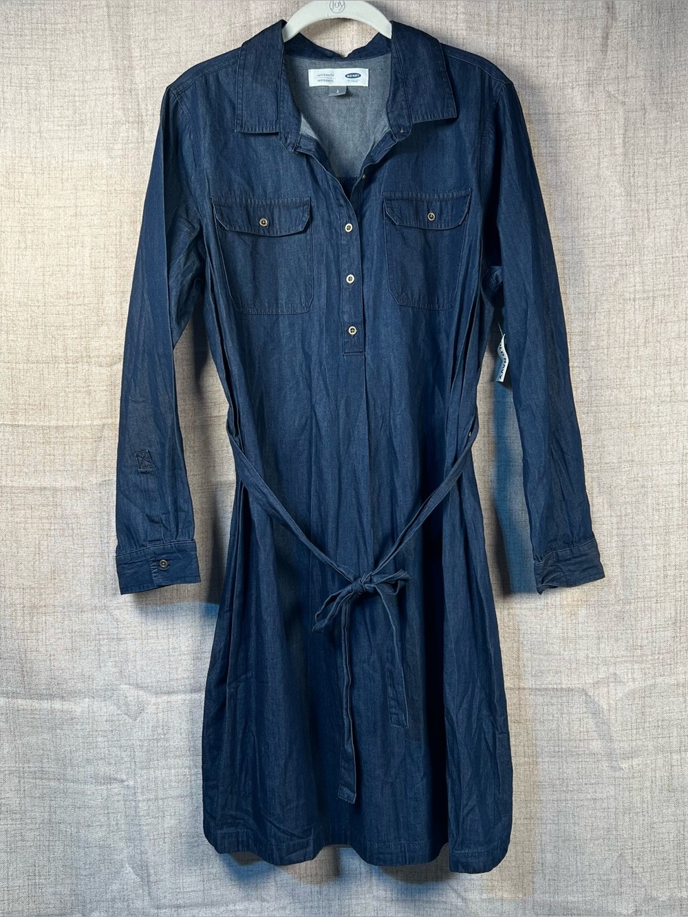 Old Navy Dress Blue Denim NWT Buttons Long Sleeves Belted Waist Maternity Lg